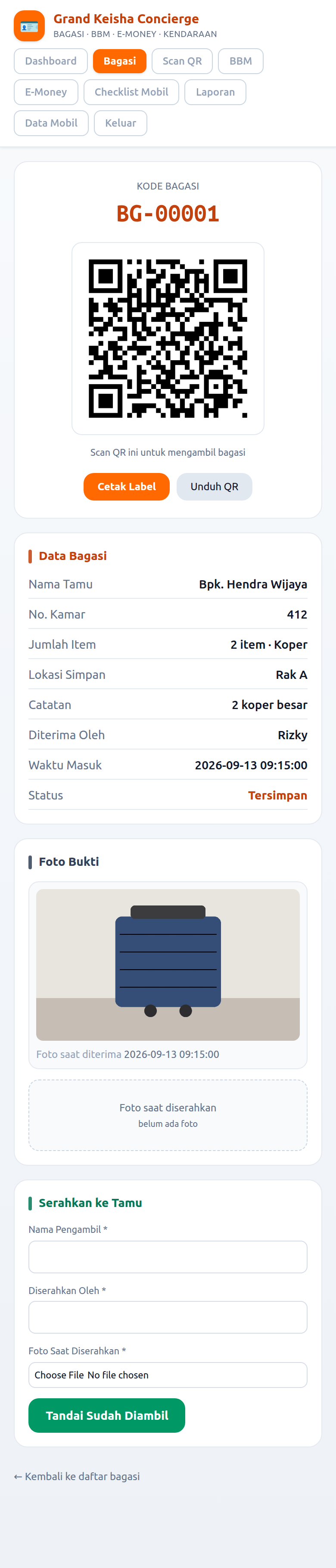 Detail bagasi dan QR
