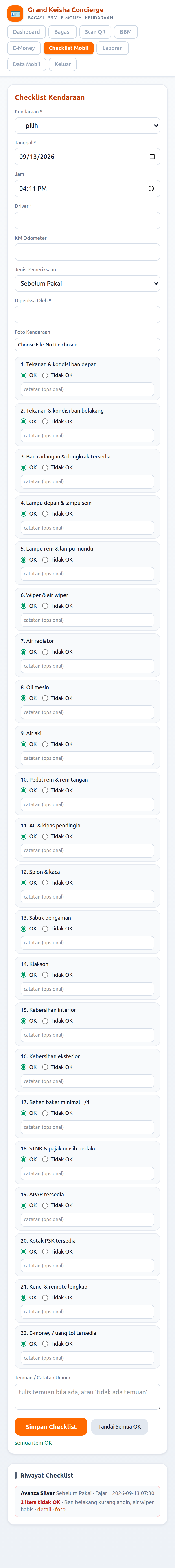 Form checklist mobil